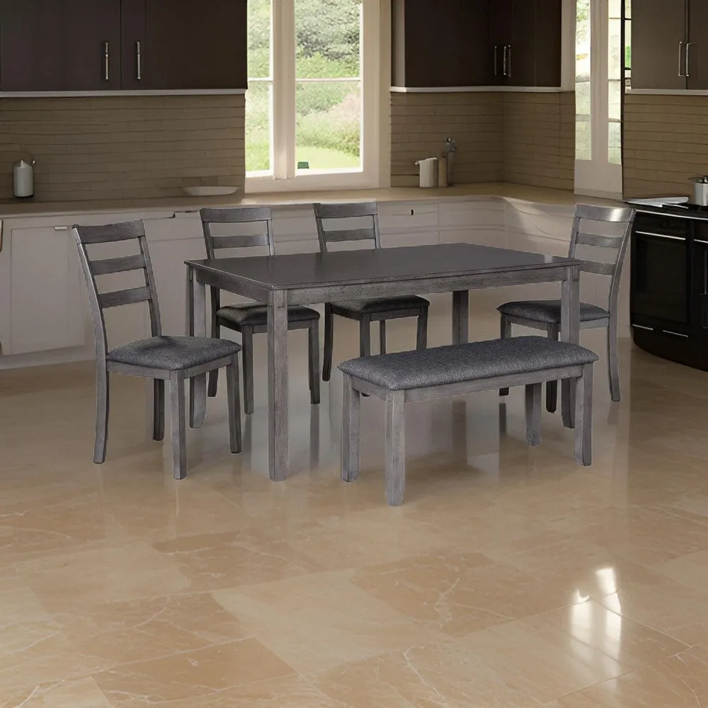 6 Piece Wooden Dining Table Set with Padded Chairs and Table, Gray By Casagear Home