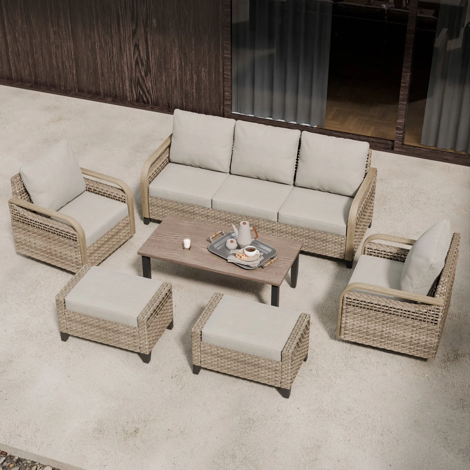 EAGLE PEAK 6 Piece Wicker Outdoor Patio Furniture Set, Patio Set with 2 Swivel Rocking Chairs, 3 Seat Loveseat Sofa, 2 Ottomans, and Coffee Table, Brown/Gray