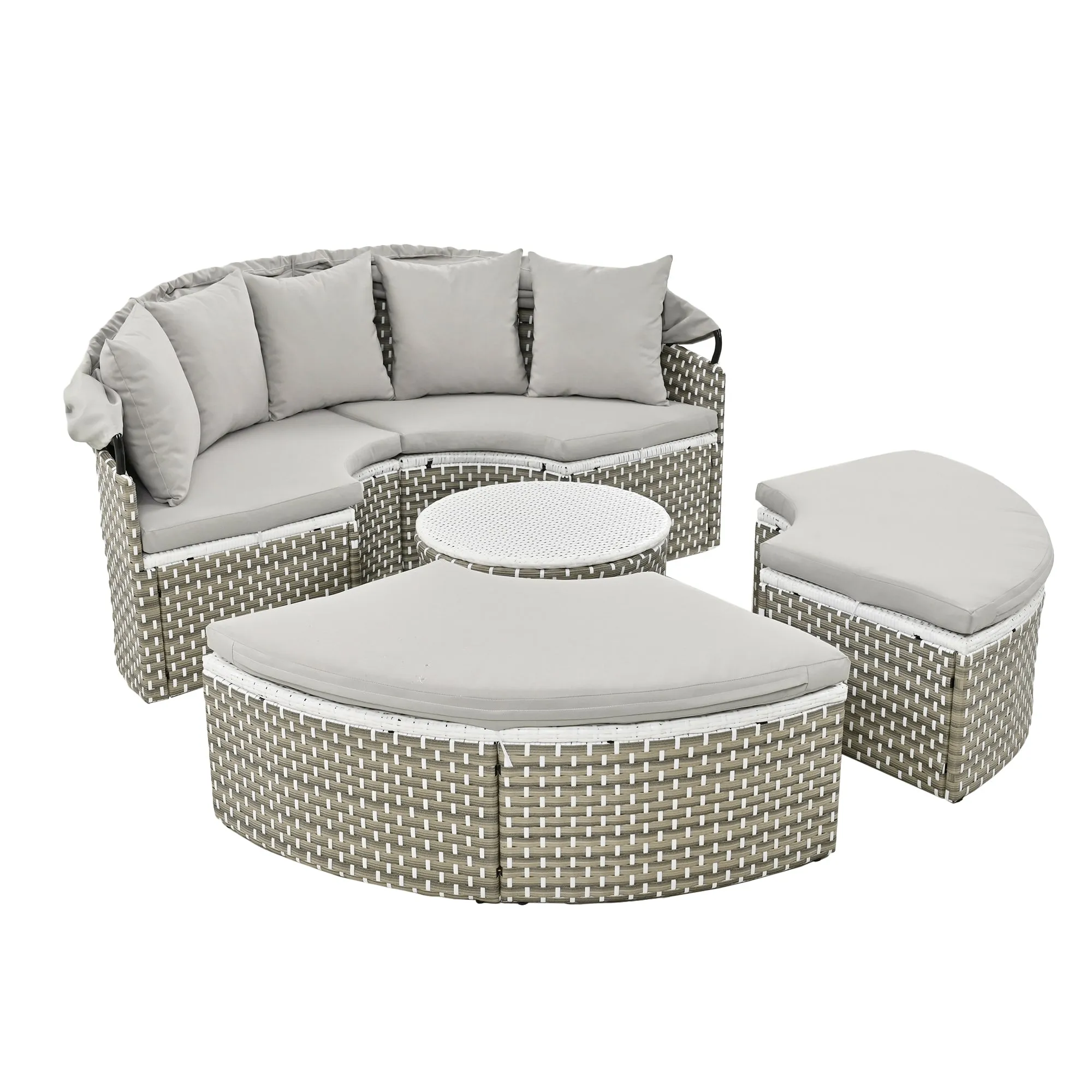 Elecwish Patio Furniture Round Outdoor Sectional Sofa Set Rattan Daybed Two-Tone Weave Sunbed with Retractable Canopy, Separate Seating and Removable Cushion, Gray