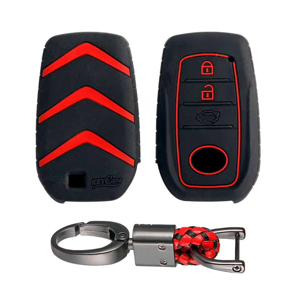 Keycare silicone key cover and keychain fit for : Toyota Innova Crysta, Innova HyCross, Hilux, Fortuner, Fortuner Facelift 2021, Fortuner Legender 2021 smart key (KC-18, Alloy keychain black)