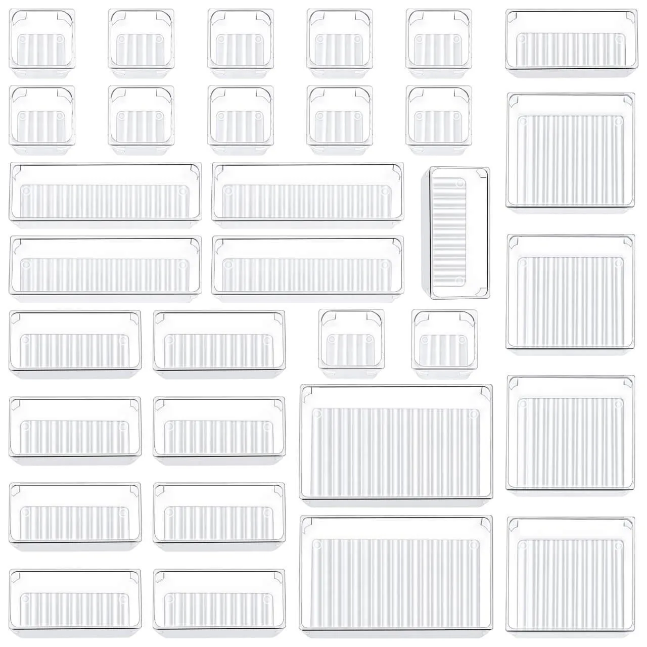 Kootek 32 Pcs Desk Drawer Organizer Set 5-Size Bathroom Drawer Tray Dividers Versatile Storage Bins Plastic Vanity Trays Organizers Divider Container for Dresser Makeup Kitchen Utensil Office