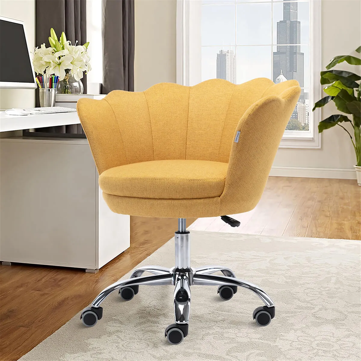 Modern Home Office Chair, Cute Velvet Upholstered Shell Chair Adjustable Swivel Vanity Chair for Women, Yellow