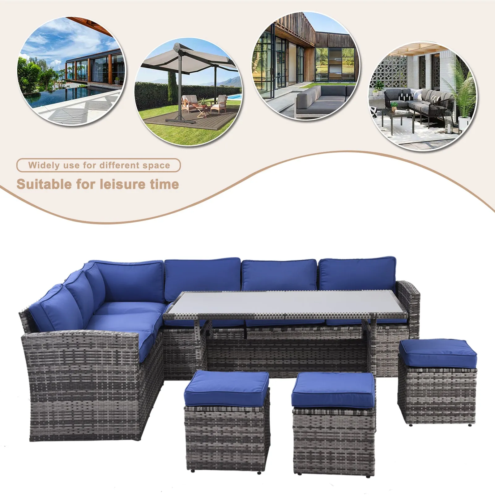 Outdoor Patio Furniture Set,7 Pieces Outdoor Sectional Conversation Sofa with Dining Table,Chairs and Ottomans,All Weather PE Rattan and Steel Frame,With Backrest and Removable Cushions(Grey Blue)