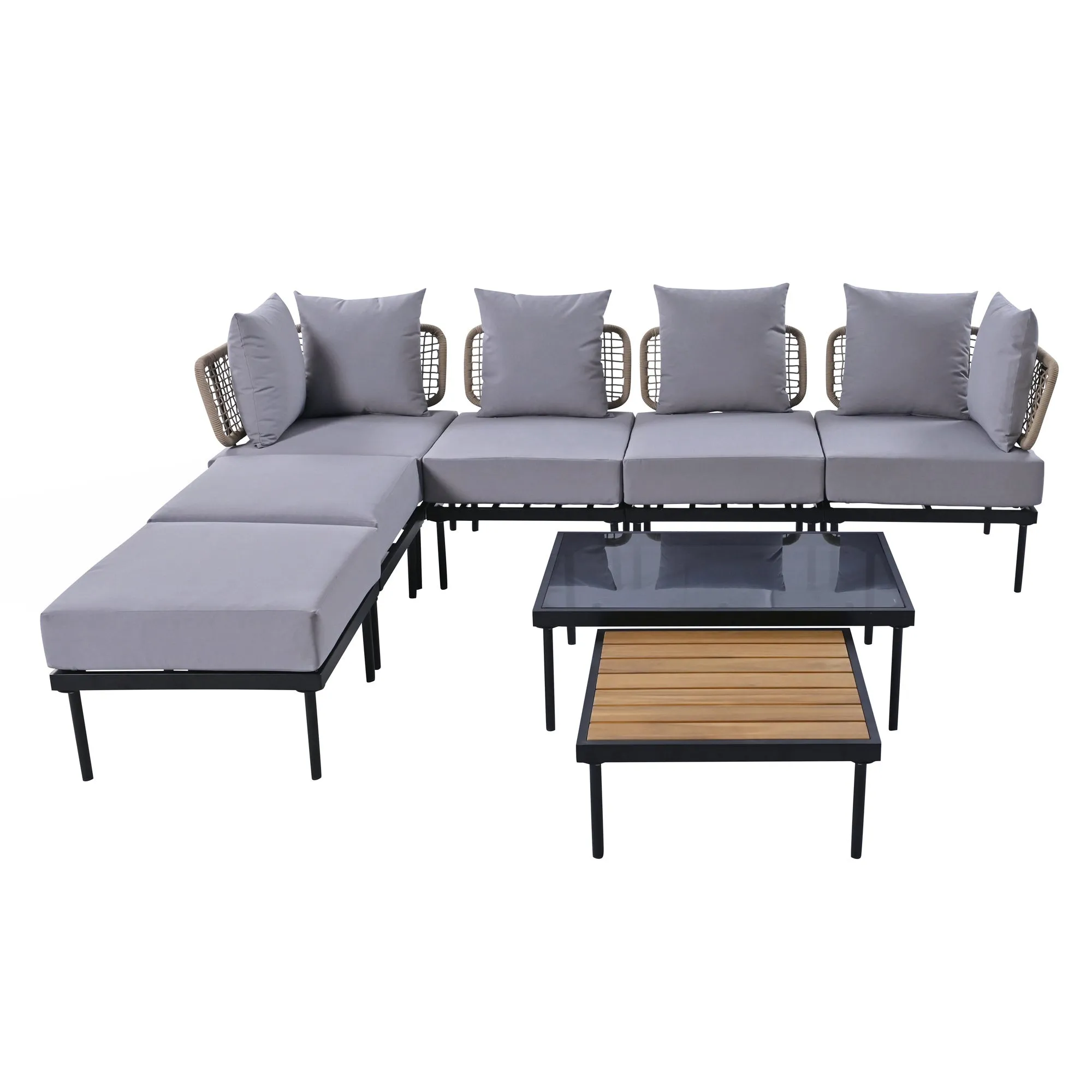 TREXM 8-Piece Patio Sectional Sofa Set with Tempered Glass Coffee Table and Wooden Coffee Table for Outdoor Oasis, Garden, Patio and Poolside (Light Grey Cushion   Black Steel)