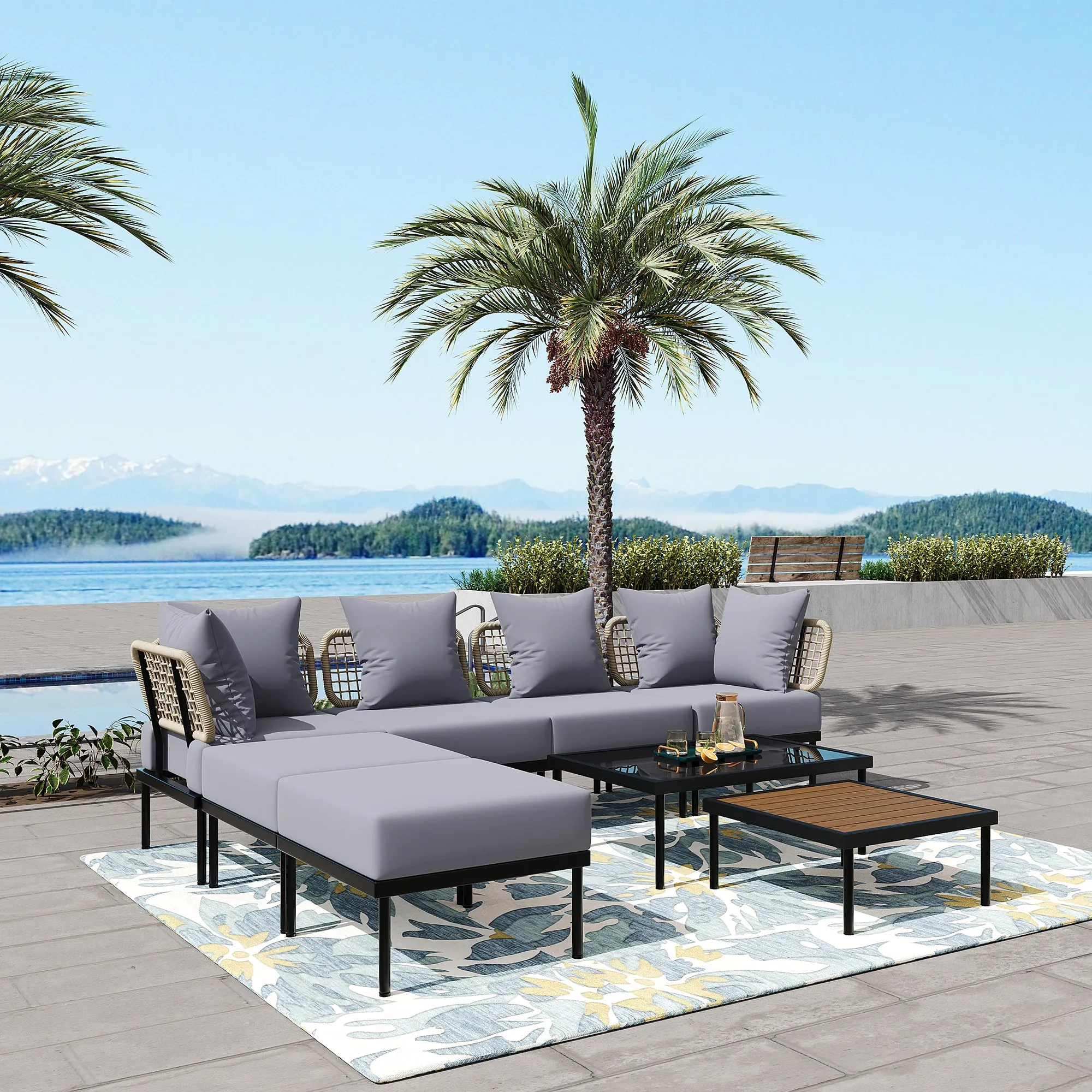TREXM 8-Piece Patio Sectional Sofa Set with Tempered Glass Coffee Table and Wooden Coffee Table for Outdoor Oasis, Garden, Patio and Poolside (Light Grey Cushion   Black Steel)