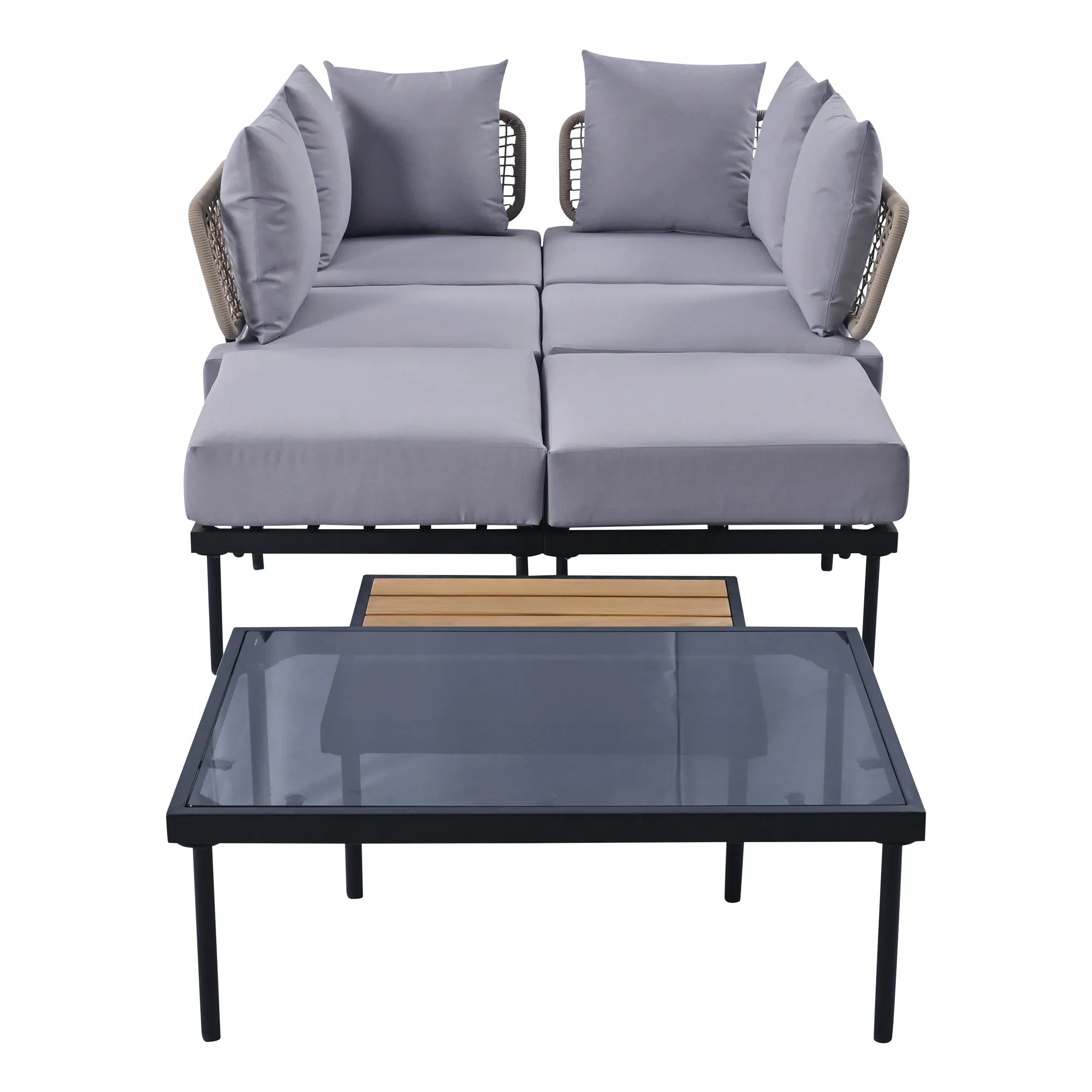 TREXM 8-Piece Patio Sectional Sofa Set with Tempered Glass Coffee Table and Wooden Coffee Table for Outdoor Oasis, Garden, Patio and Poolside (Light Grey Cushion   Black Steel)