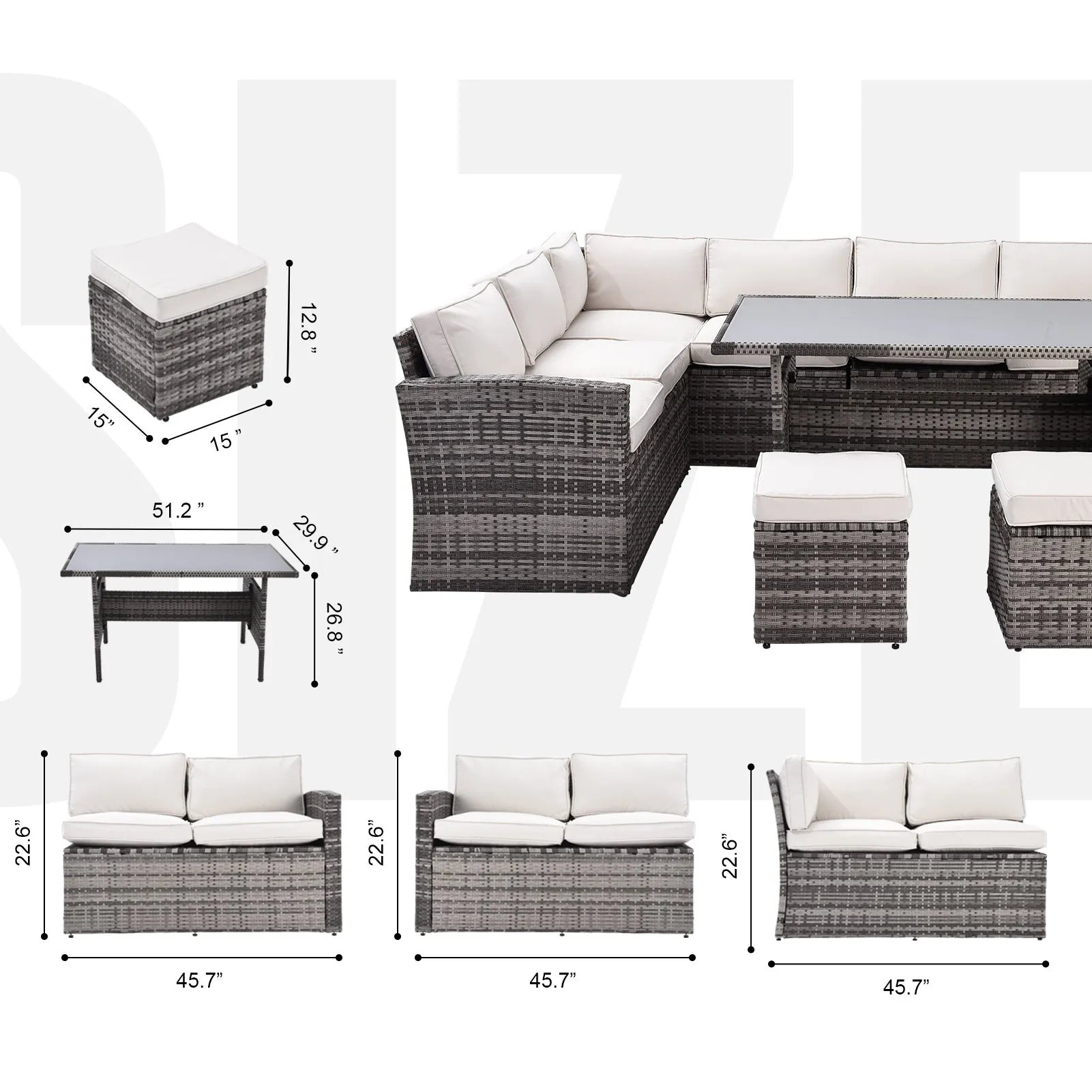 Whaley 7 Pc Outdoor Patio Rattan Sectional Sofa Set - Beige