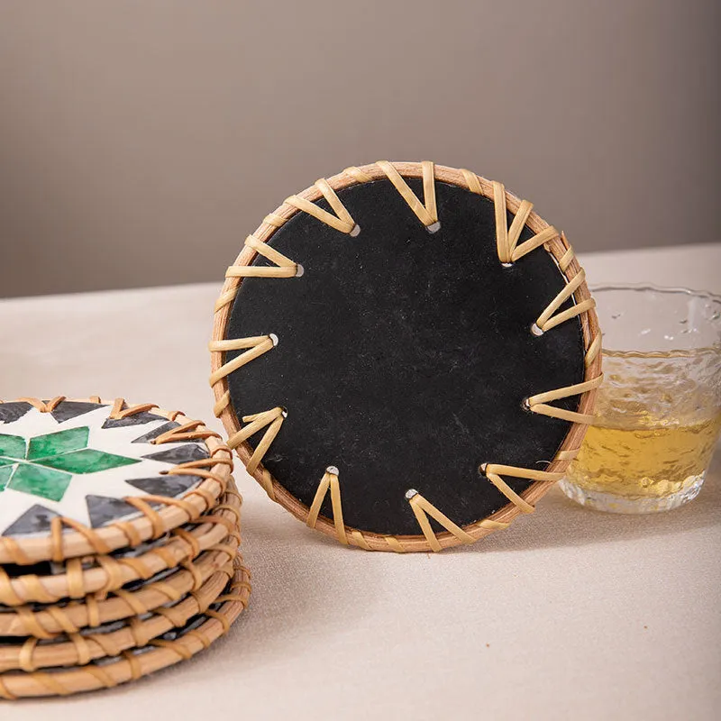 (White Orchid Leaves) Set of 5 Rattan & Shell Coasters | Decorative & Heat Resistant