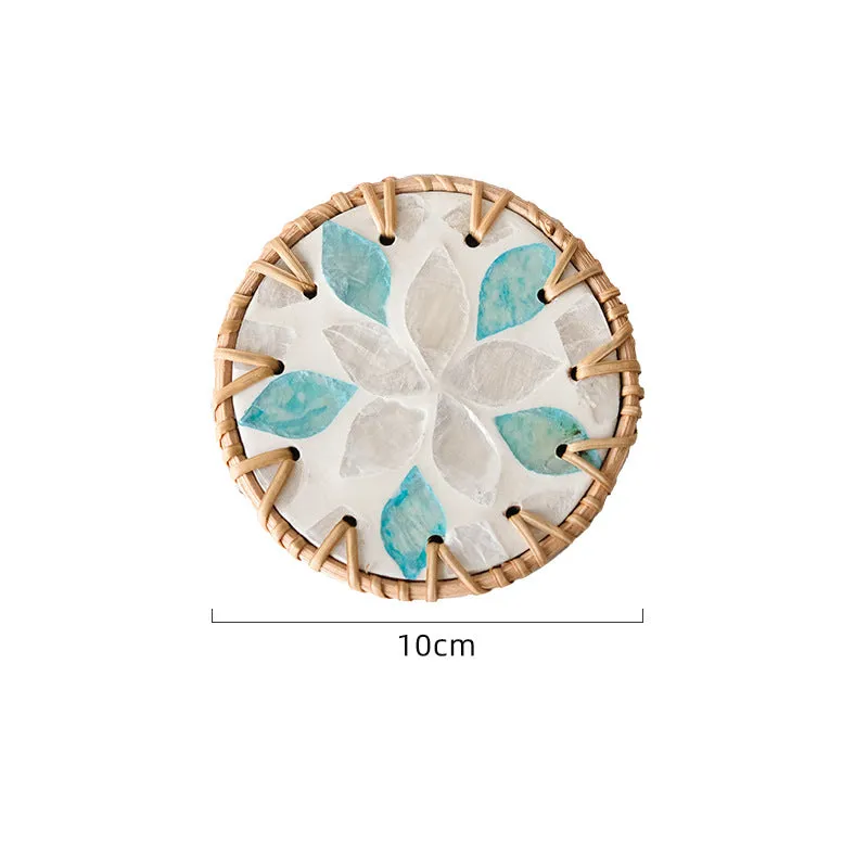 (White Orchid Leaves) Set of 5 Rattan & Shell Coasters | Decorative & Heat Resistant